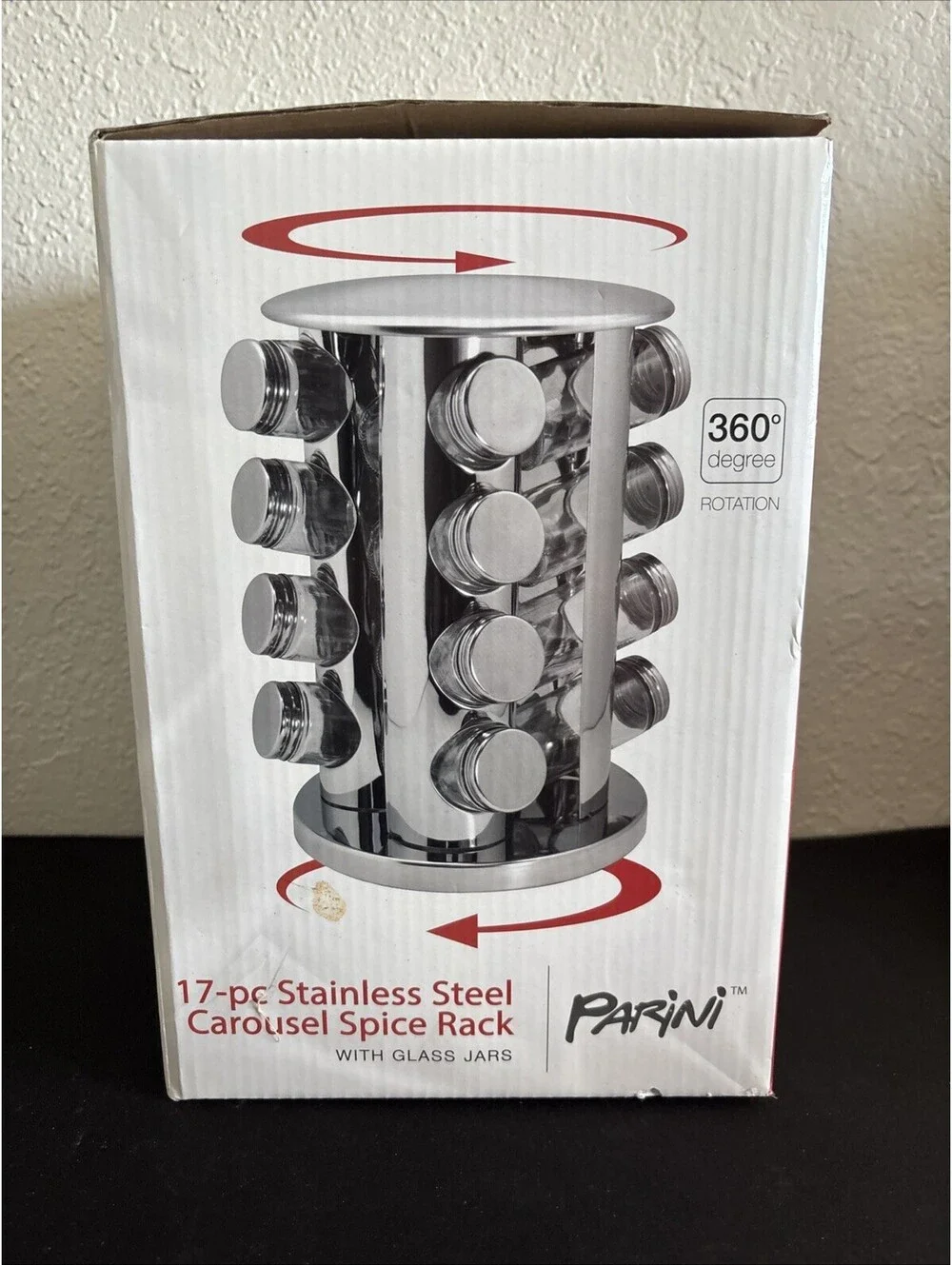 Parini 17-Piece Stainless Steel Carousel Spice Rack with Glass Jars - New